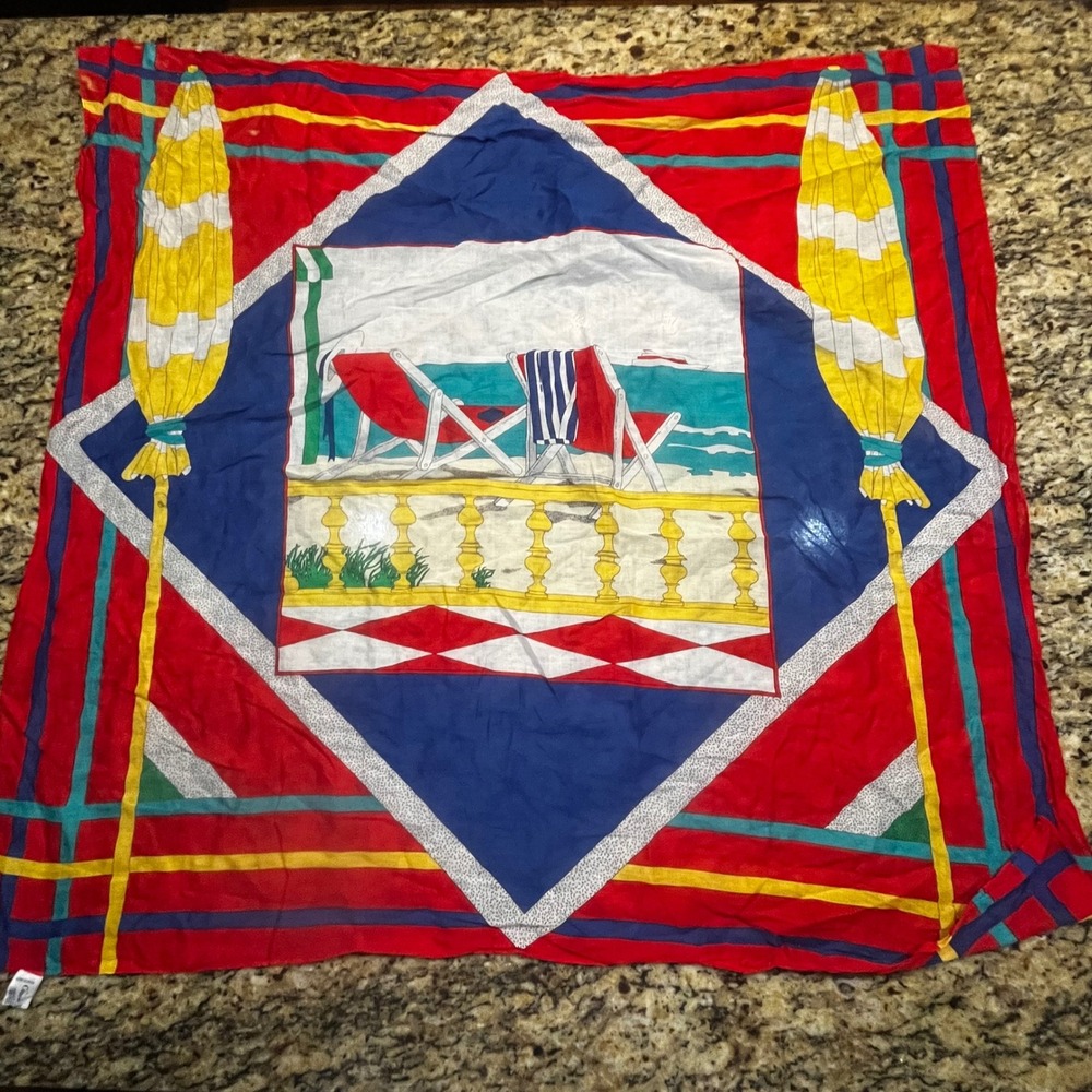Ginnie Johansen Vintage Beach‎ Scene Square Scarf Red Blue Yellow 32x31